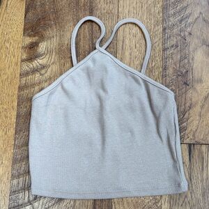 ZARA Ribbed Halter Crop Top in Taupe Beige